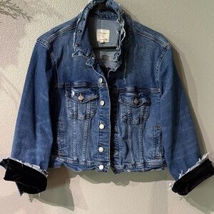 Distressed Blue Denim Jacket with Frayed Trim. M. 
Custom made. Gothic look